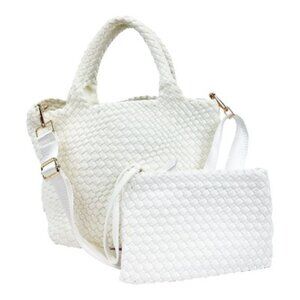 Ahdorned Lily Woven Neoprene Tote Crossbody with Pouch - White - NWT